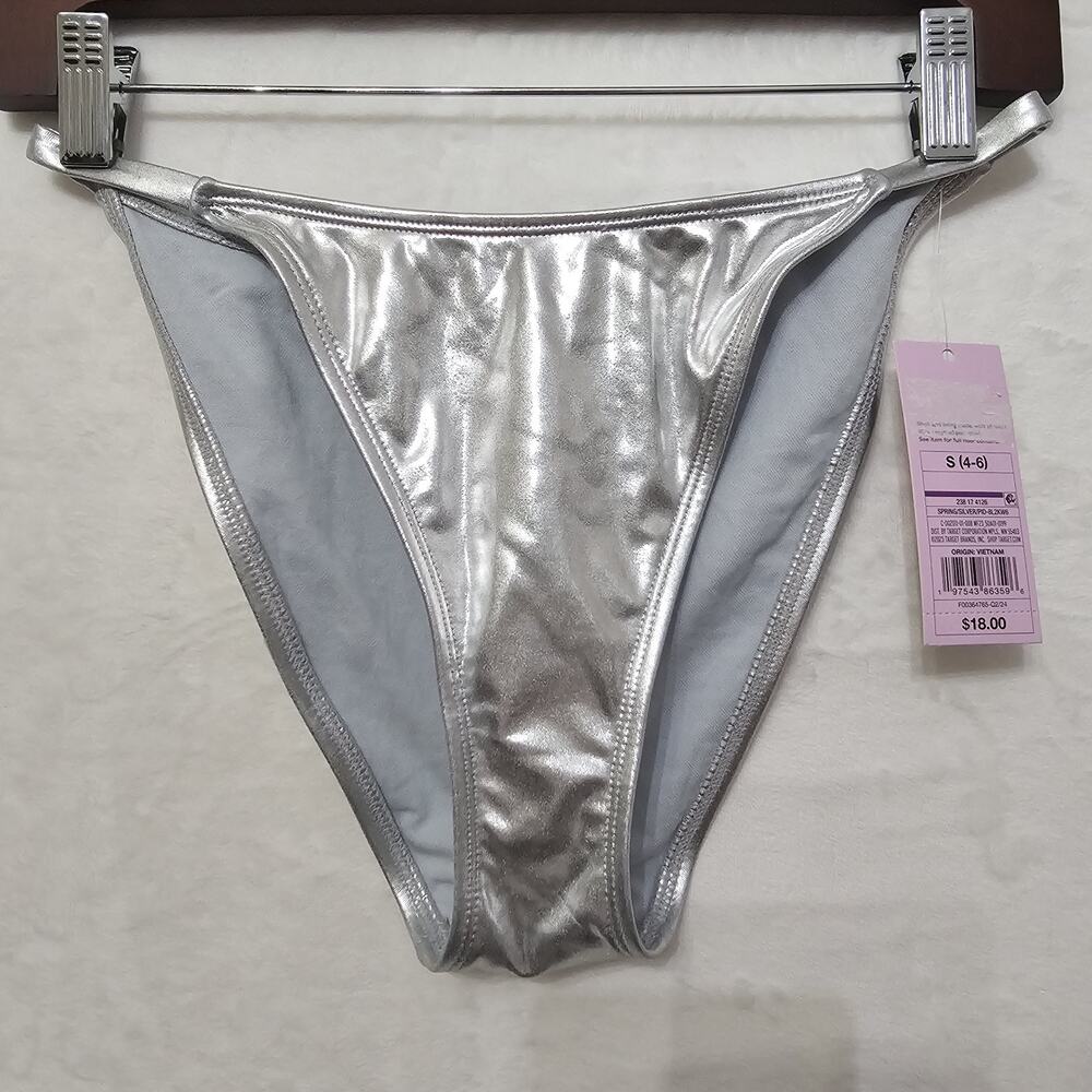 NWT Bikini Bottoms S Silver Foil Metallic Cyber Futuristic Coconut Girl Tropical